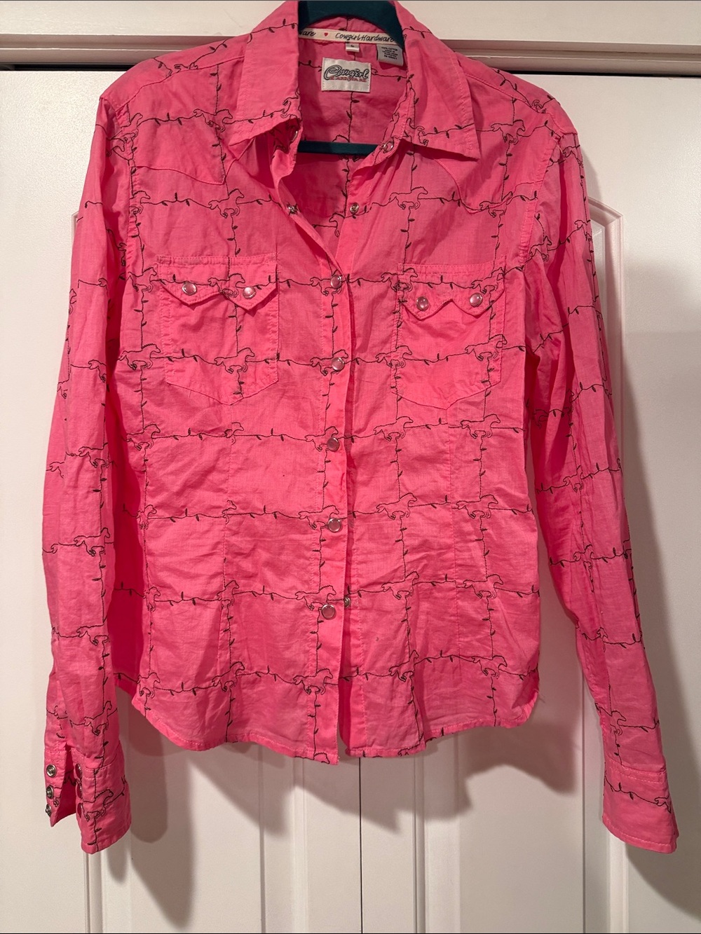 Cowgirl hardware Pink Printed snap Down Shirt with Western Details large